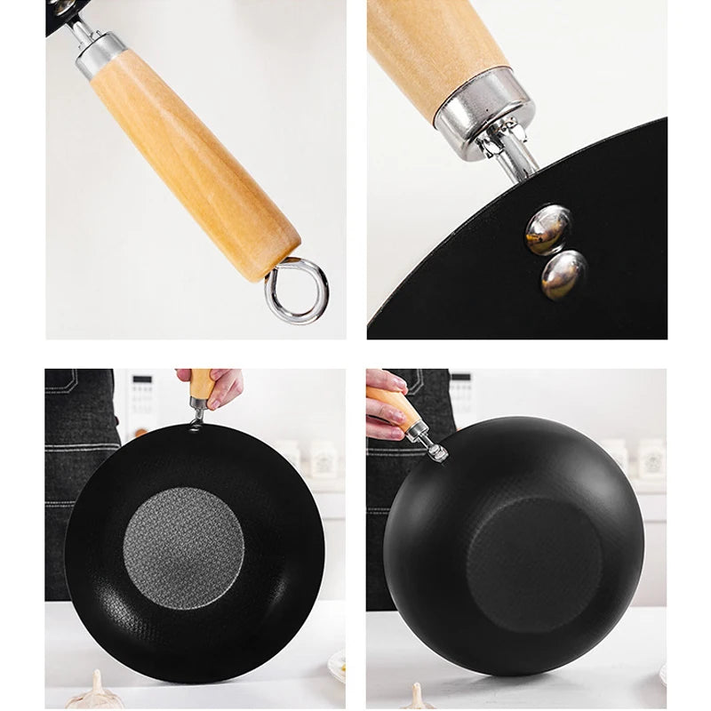 🍳 Carbon Steel Mini Wok – 20cm Flat Base with Wooden Handle