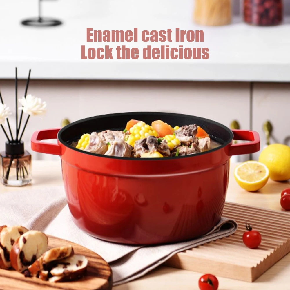 🍲 Cast Iron Enamel Soup Pot with Lid – Non-Stick Stew Pan for Gas & Induction
