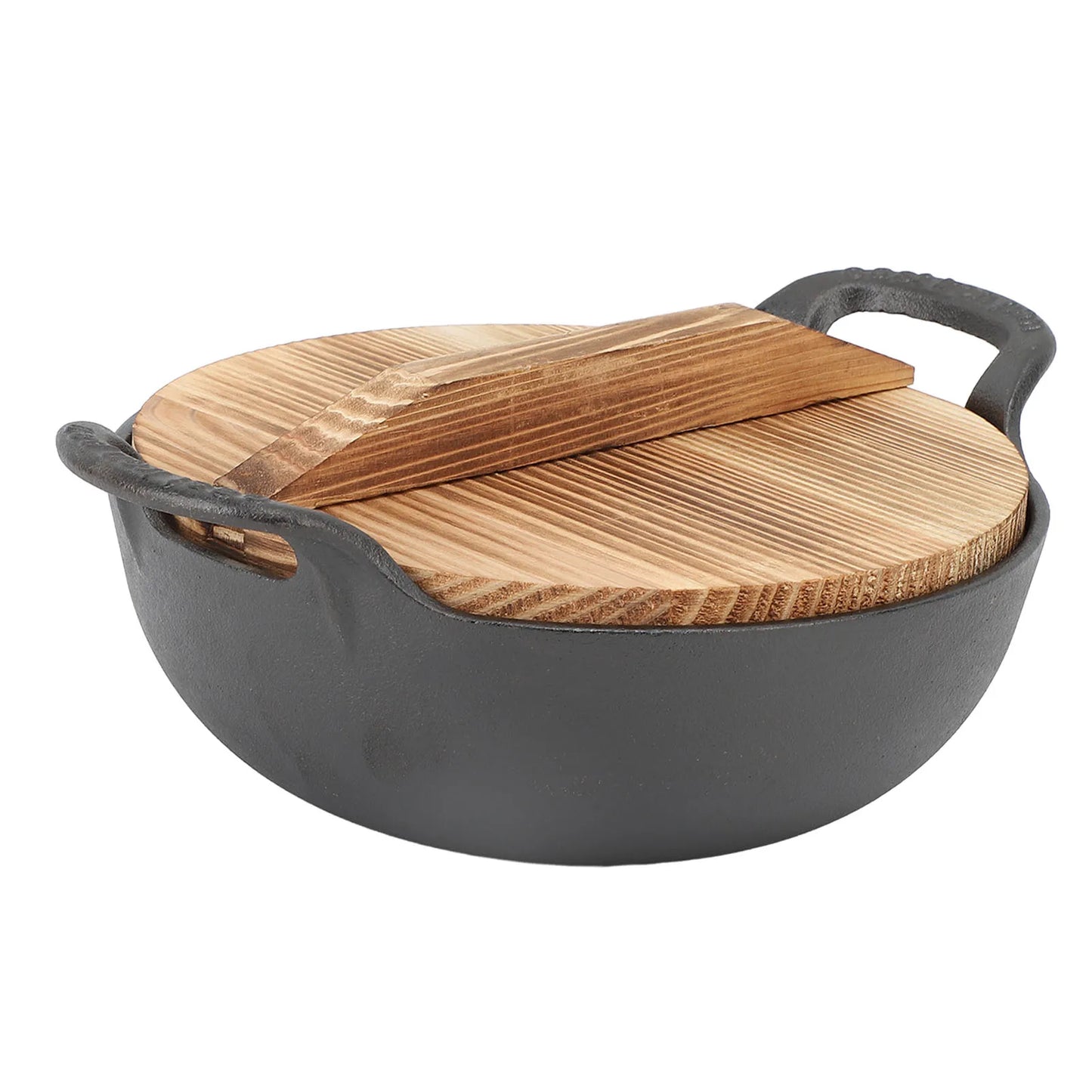 🍲 Cast Iron Wok with Wooden Lid – Flat Base Stir Fry Pan with Double Handles