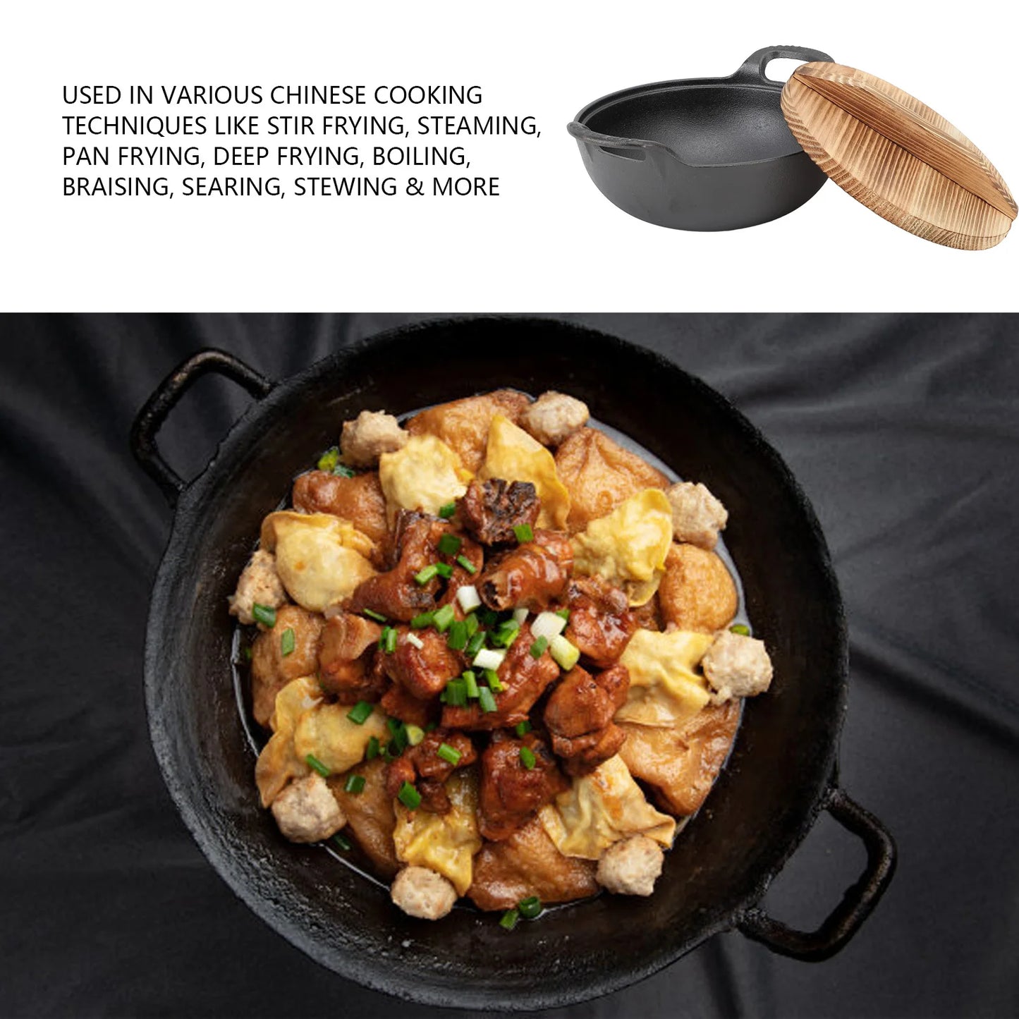 🍲 Cast Iron Wok with Wooden Lid – Flat Base Stir Fry Pan with Double Handles