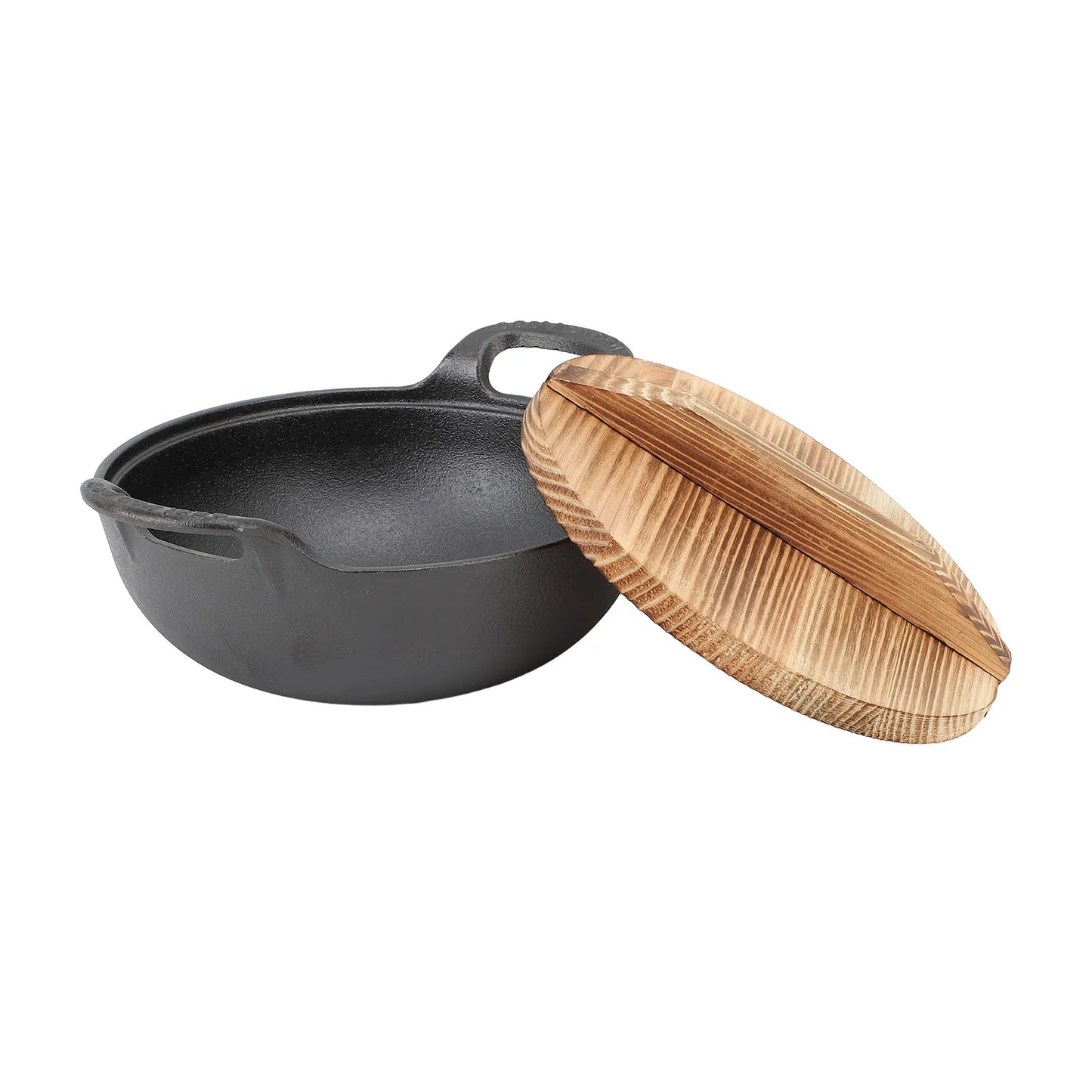 🍲 Cast Iron Wok with Wooden Lid – Flat Base Stir Fry Pan with Double Handles
