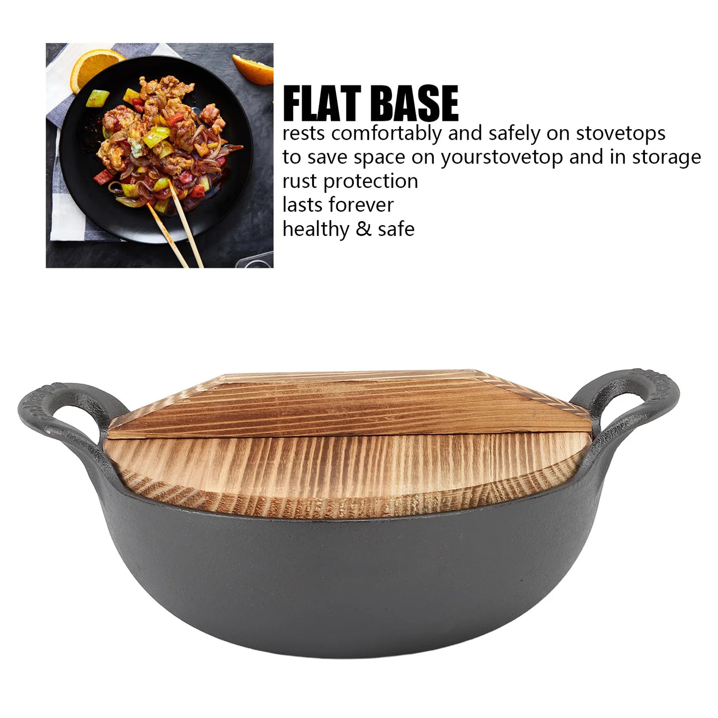 🍲 Cast Iron Wok with Wooden Lid – Flat Base Stir Fry Pan with Double Handles