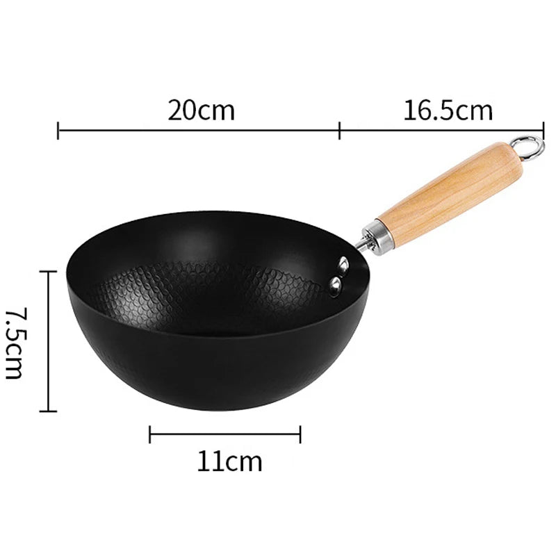 🍳 Carbon Steel Mini Wok – 20cm Flat Base with Wooden Handle