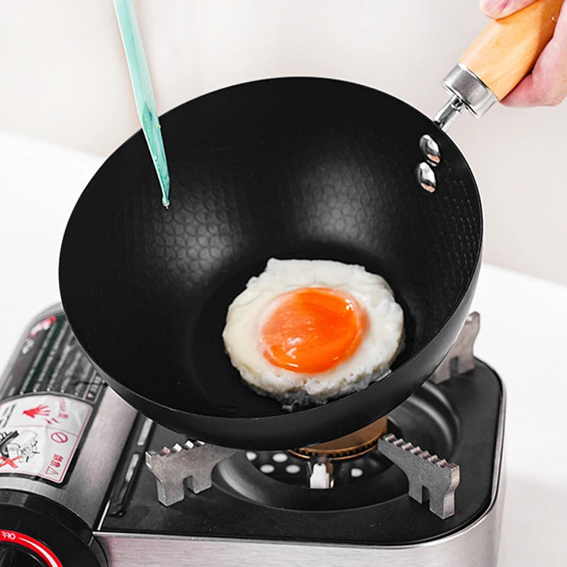 🍳 Carbon Steel Mini Wok – 20cm Flat Base with Wooden Handle