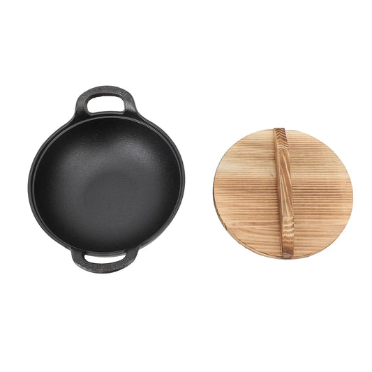 🍲 Cast Iron Wok with Wooden Lid – Flat Base Stir Fry Pan with Double Handles