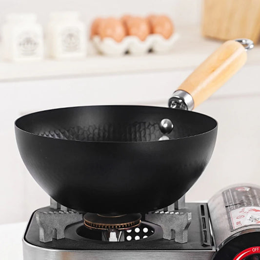🍳 Carbon Steel Mini Wok – 20cm Flat Base with Wooden Handle