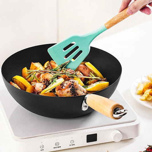 🍳 Carbon Steel Mini Wok – 20cm Flat Base with Wooden Handle